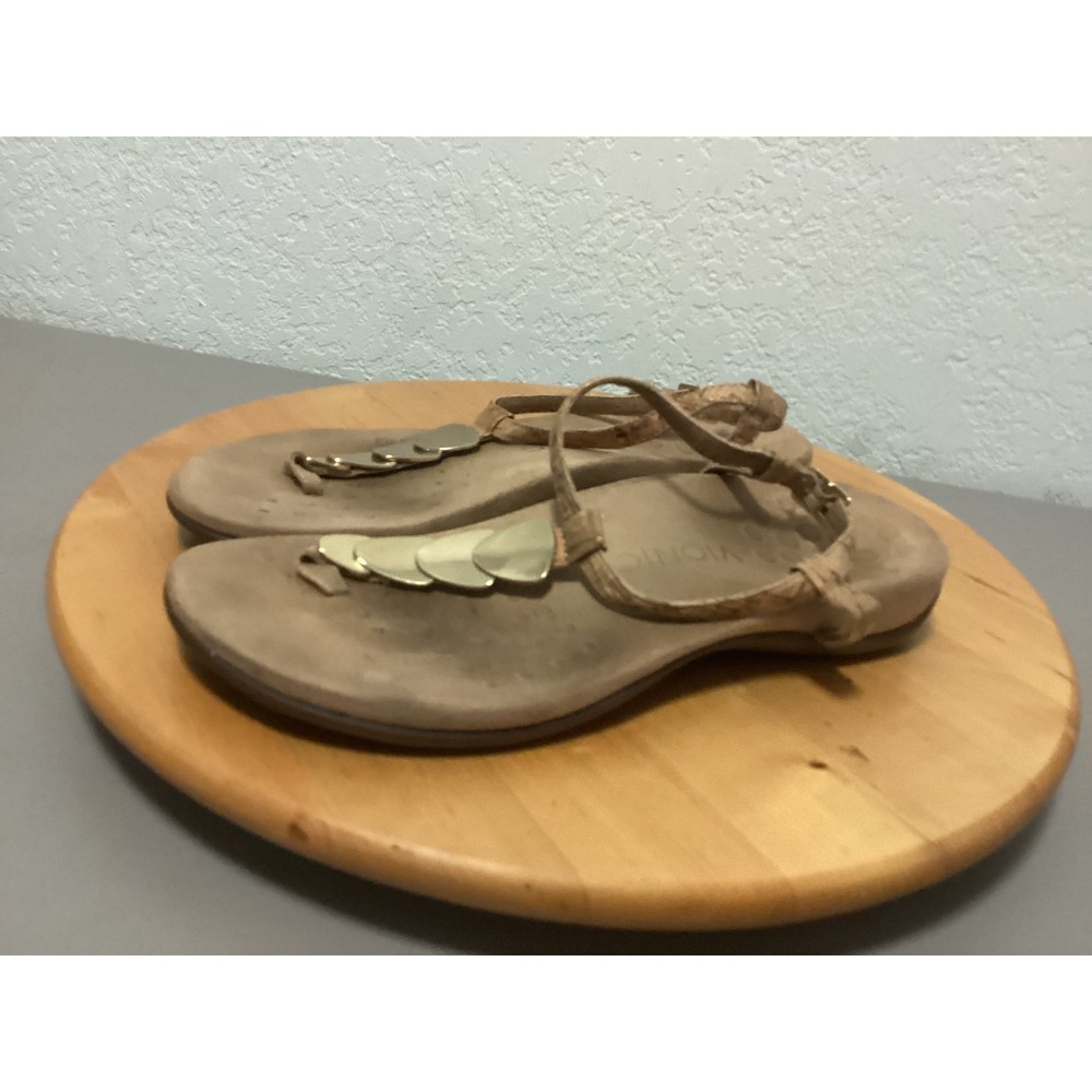 Vionic Miami Sandals Womens 8 Wide Tan Cork Metallic Leaf Orthotic Thong T-Strap